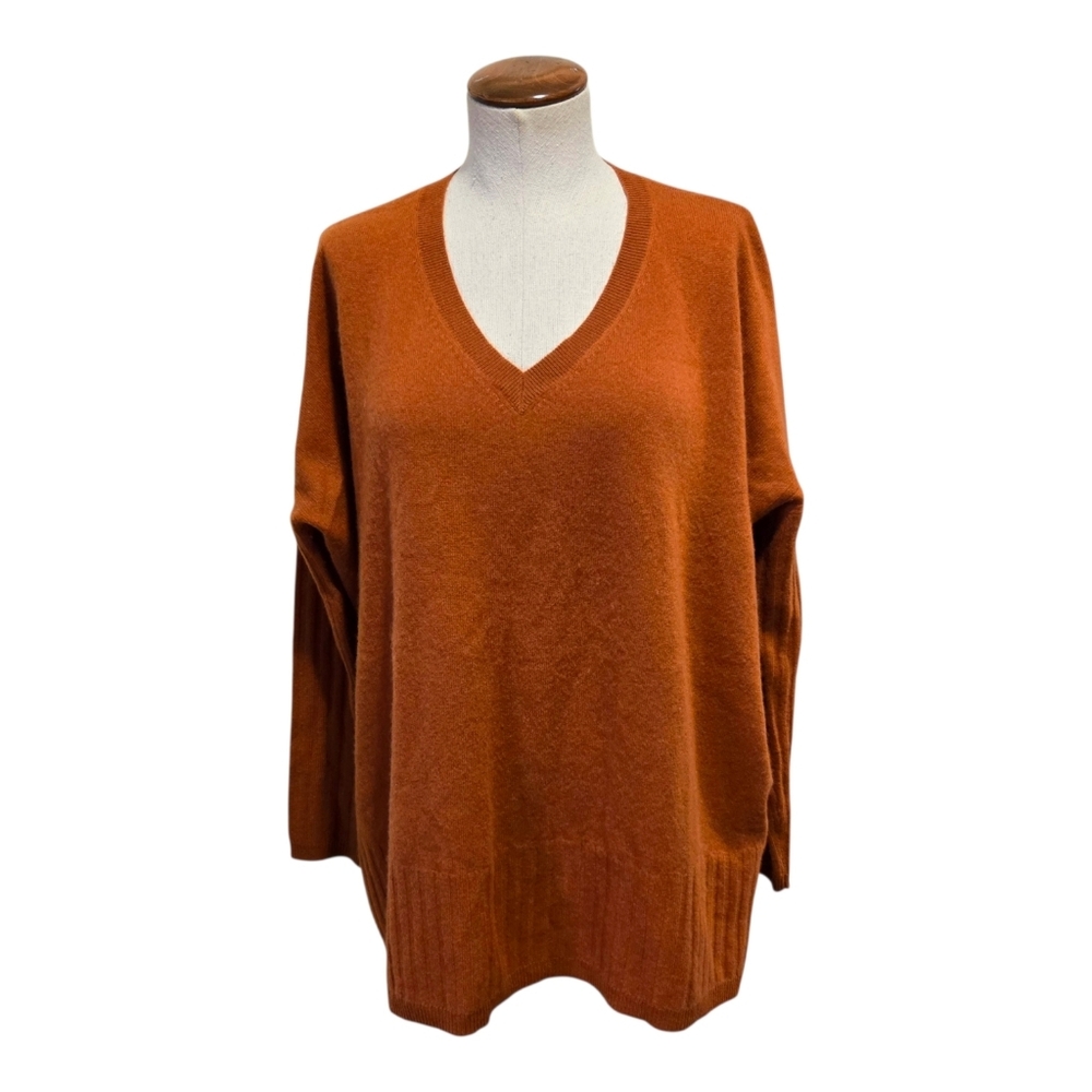 Soft By Naadam Cashmere Oversized V-neck Boyfriend Tunic Sweater Rust Orange S